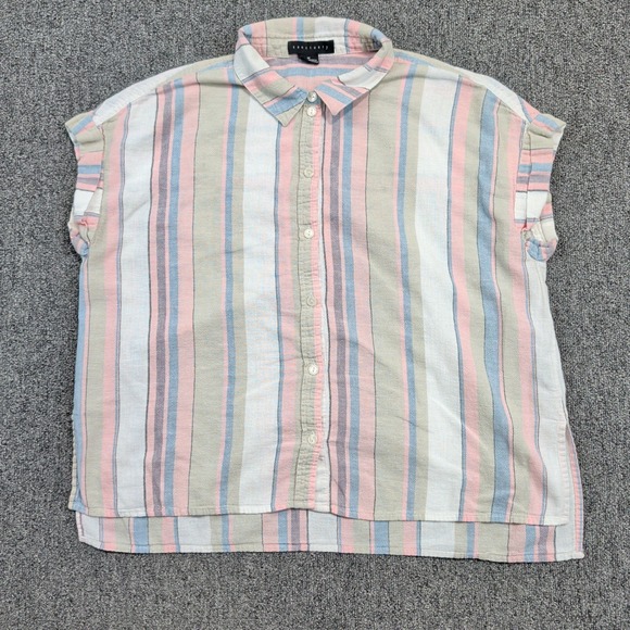 Sanctuary Coastal Linen Blend Striped Button Down Top M Pastel Pink Blue Boho — photo 2